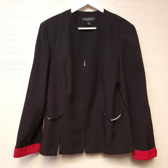 Perceptions Zip Blazer Womens Size 14 Black Red Suit Top Jacket Pin Stripe Suit - Picture 2 of 12